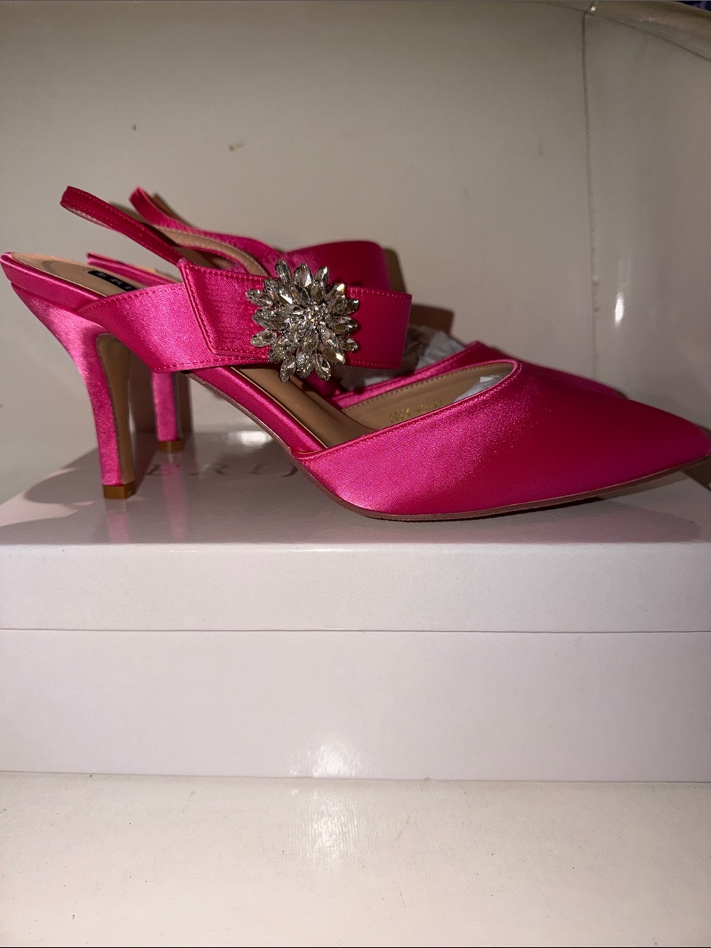 Nine West Satin Fuchsia Slingback Heels with Crystal Brooch